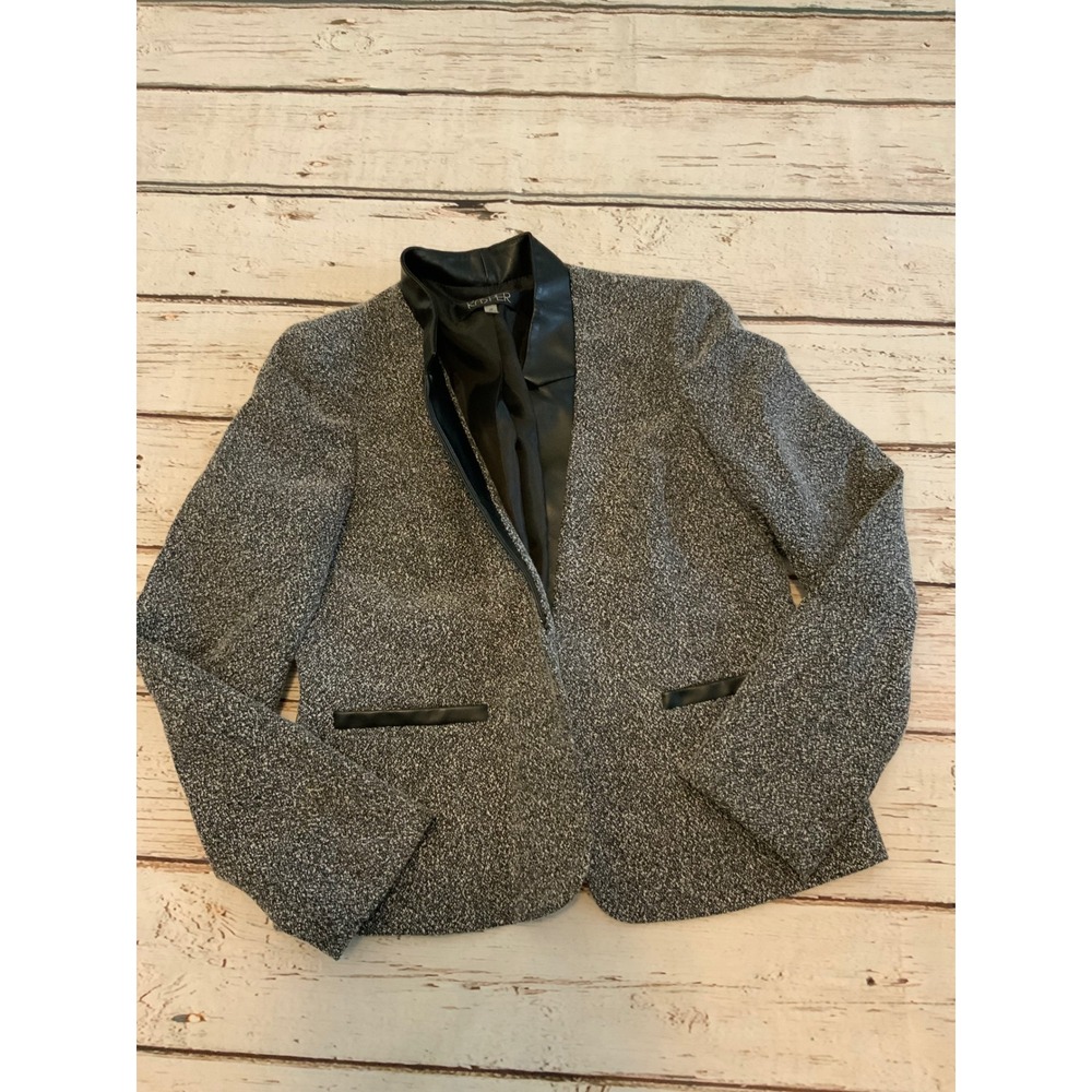 Vintage Kasper Women's 2P Tweed‎ Blazer Faux Leather Trim Grey Black Jacket